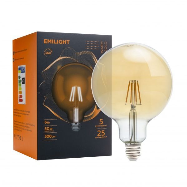 Лампа светодиодная Emilight Gold G125 6 Вт E27 3000 К 220 В прозрачная Filament G125-6W-3000K-E27-G з 