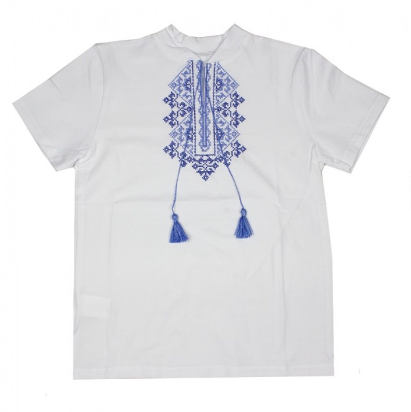 Вышиванка для мальчиков Маленькие люди синий орнамент р.122 белый 