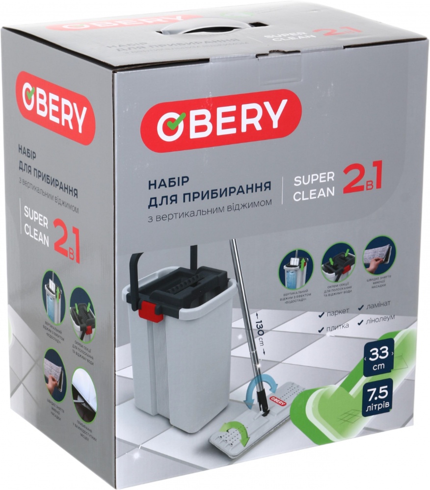 Набор для уборки для пола OBERY SuperClean 2в1 ведро 7,5 л + швабра 130 см 33 см
