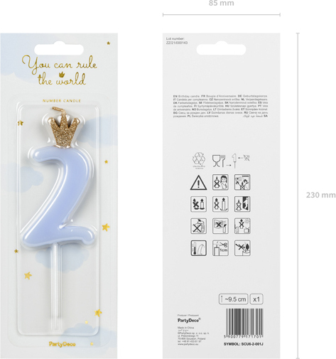 Свічка для торта Partydeco цифра 2 пастель блакитна 9,5 см (SCU6-2-001J)