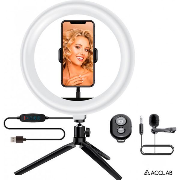 Комплект блогера 4 в 1 Acclab Ring of Light (держатель с LED лампой/микрофон и Bluetooth управление) AL-LR101)