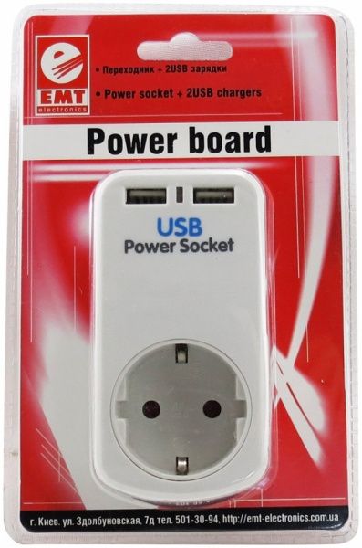 Переходник сетевой EMT евровилка/розетка+2USB белый 2-0162 