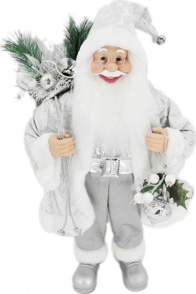 Декоративна новорічна фігура Санта з мішечком біло-сірий 60 см
