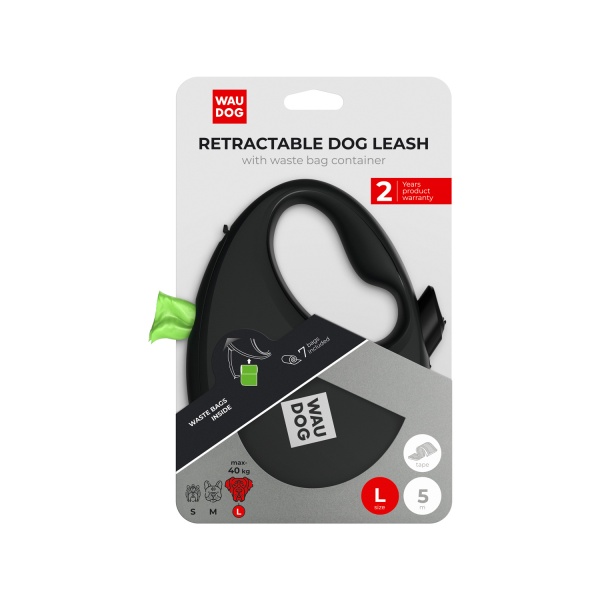 Поводок-рулетка Waudog R-leash с контейнером для пакетов L до 40 кг 5 м черный
