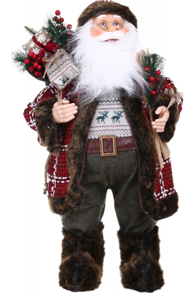 Декорация новогодняя Санта лесной красно-зеленой клетки 80 см