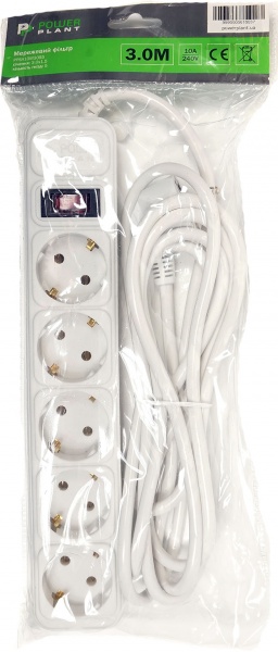 Мережевий фільтр PowerPlant 3 м, 3x1.5 мм², 10А, 5 розеток, євростандарт (JY-1056/3) PPSA10M30S5 