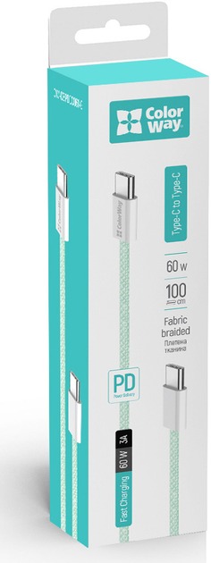 Кабель ColorWay Type-C - Type-C braided cotton PD Fast Charging 60W 3А 1 м зелений (CW-CBPDCC061-G)
