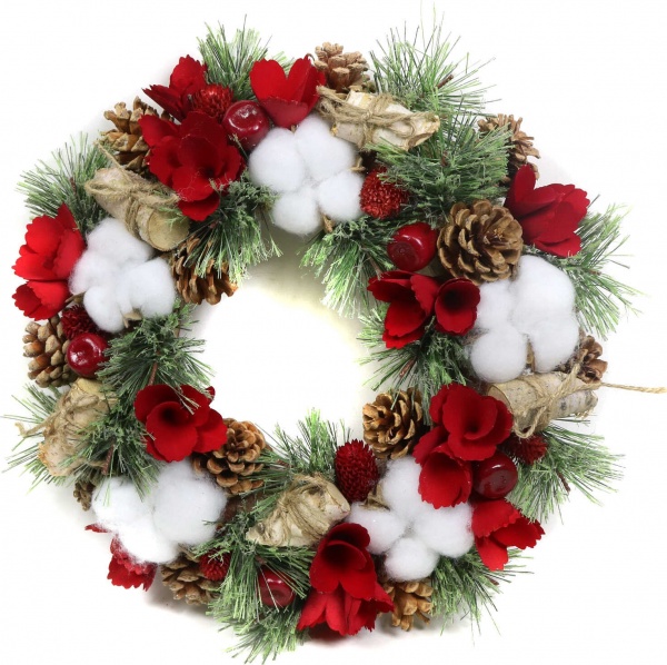 Венок хвойный New Star с шишками, цветами и хлопком d340 мм C320351 