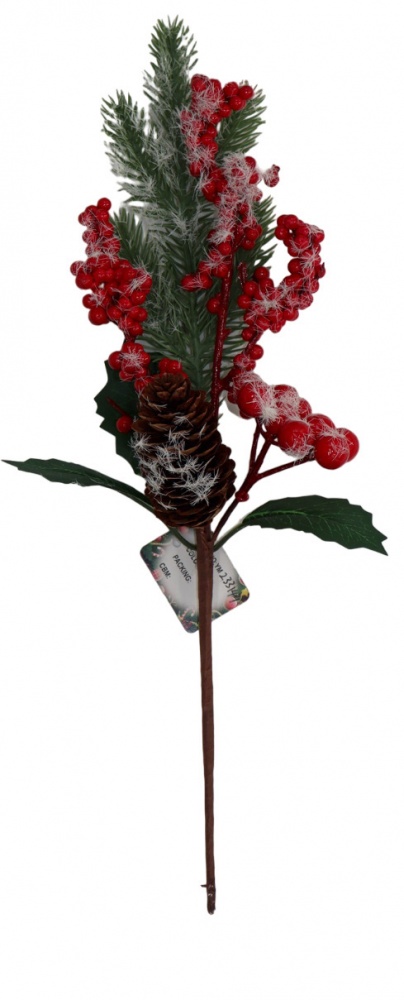 Декорация ветвь хвойная с красными ягодами забеленная 35 см EFSM-233005 EFSM-233149