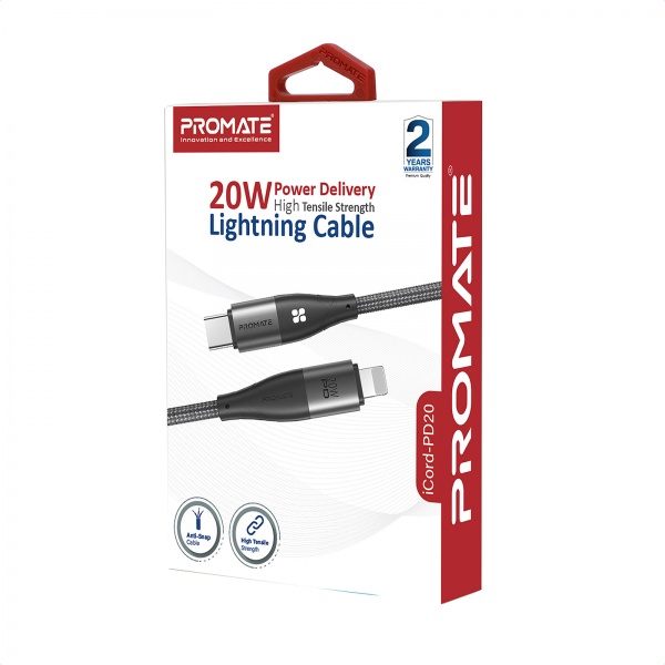 Кабель відео та живлення Promate iCord-PD20 USB-C to Lightning 3А 1.2 м Black 1,2 м чорний (icord-pd20.black) 