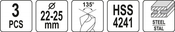 Набір свердел по металу YATO HSS 4241 d22-24-25 мм 75/150 мм для нержавіючої та конструкційної сталі 3 шт. YT-44626