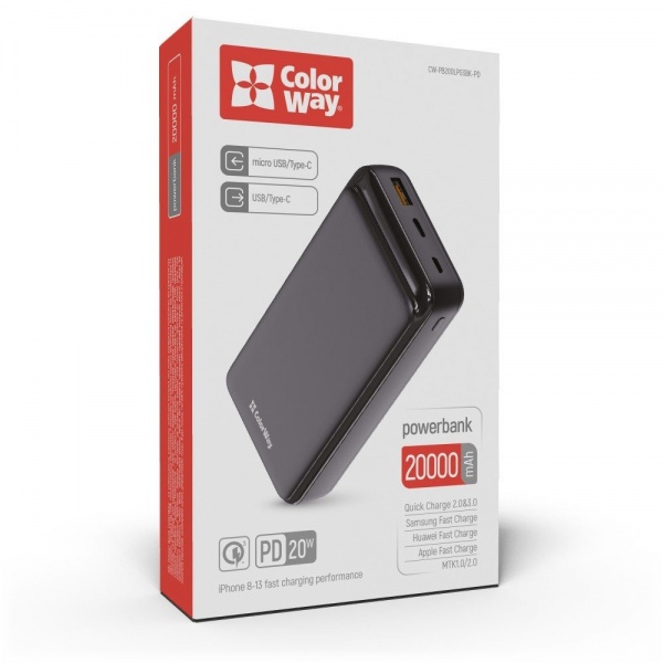 Универсальная мобильная батарея ColorWay 20000 mAh black (CW-PB200LPG3BK-PD) 