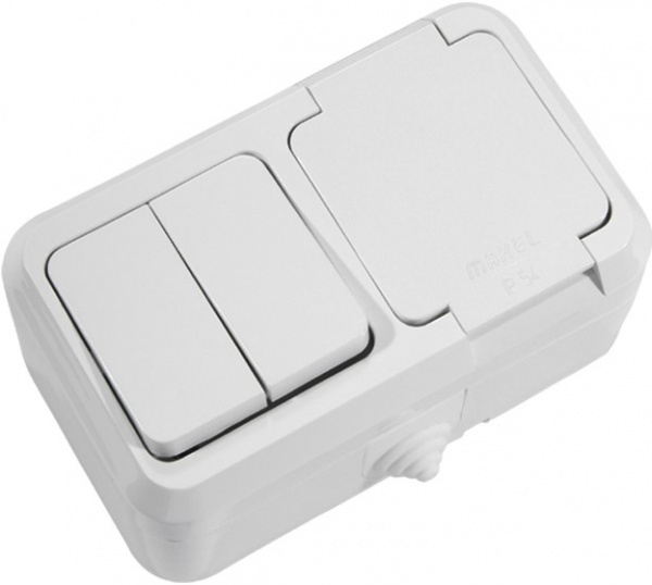 Розетка + выключатель с заземлением Makel IP44 без шторок с крышкой белый 18351