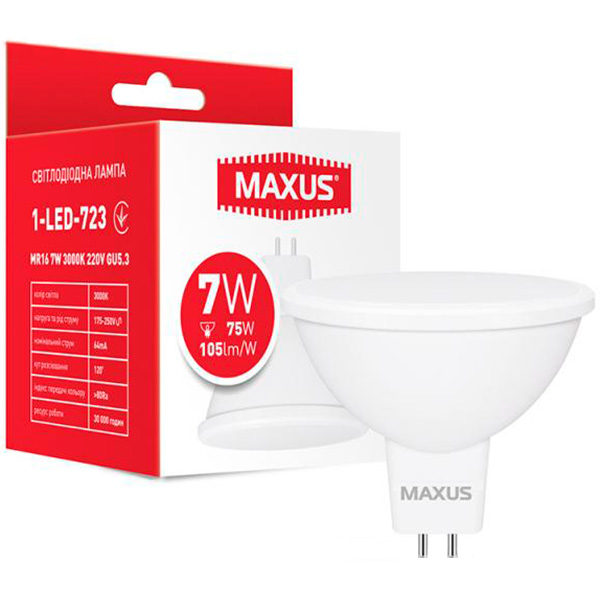 Лампа светодиодная Maxus 7 Вт MR16 матовая GU5.3 220 В 3000 К 1-LED-723
