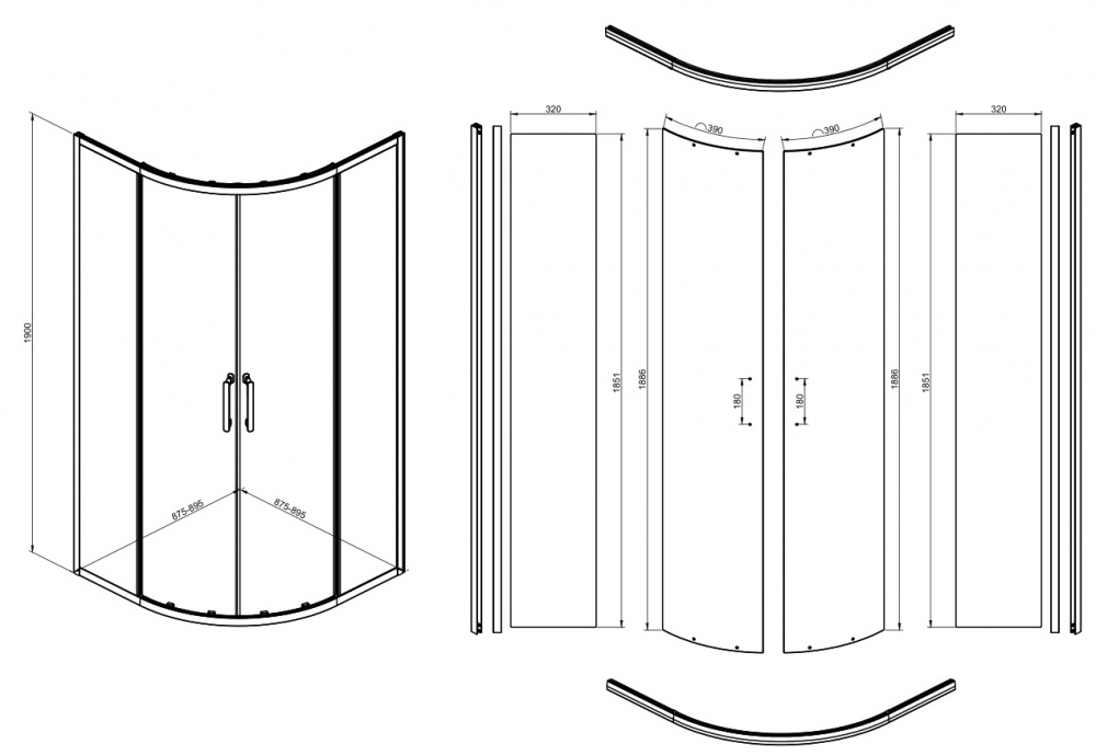 Душевое ограждение EGO напівкруг розсув. PURE 90х90х190 см, скло проз 5мм, проф хром алюм