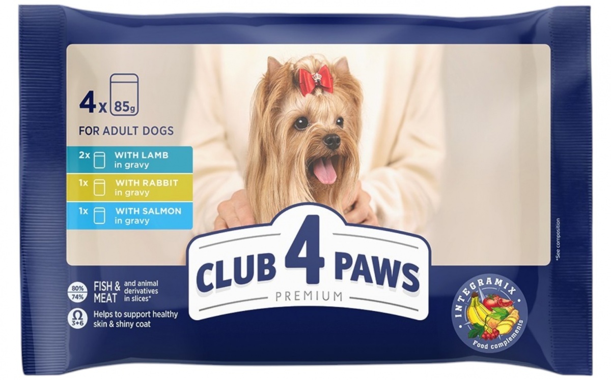 Корм вологий Club 4 Paws для собак ягня в соусі, кролик в соусі, лосось у соусі, пауч, 4х85 г — фото 1