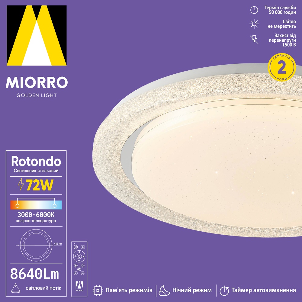 Светильник потолочный Miorro LED Rotondo с пультом 8640 Лм ∅480 мм 72 Вт белый 51-313-027