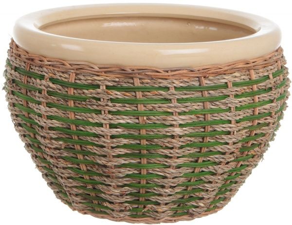 Горшок Viet Thanh Ceramic с блюдцем плетеный 30х21 см VT.11342-1 круглый бежевый с зеленым 