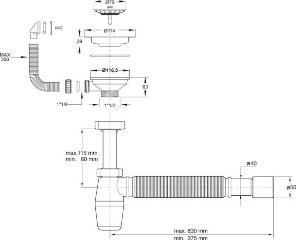 Сифон для кухонной мойки Bonomini 1 1/2 со сваренной гофрой d40 / 50, выпуск d114, винт пластик, пер