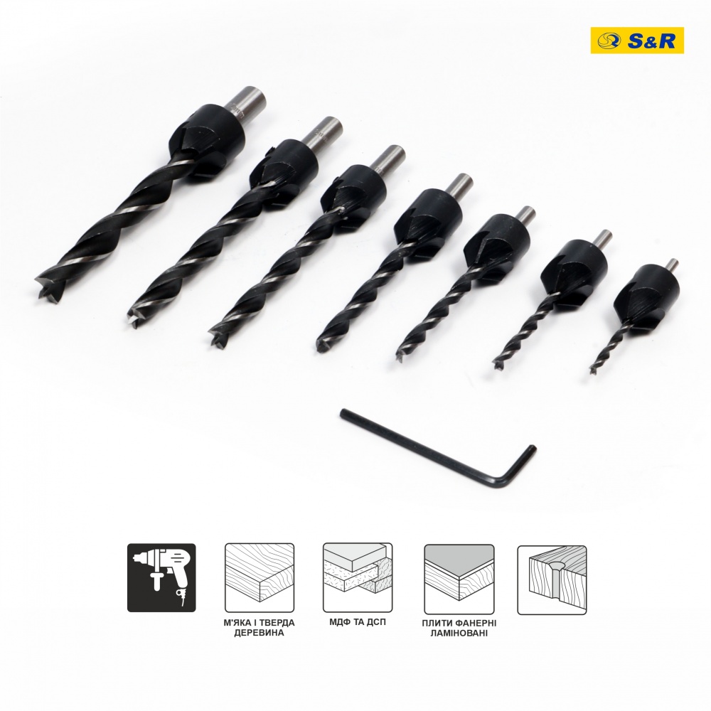 Набор сверл по дереву S&R Meister с зенкером 3-10 мм 7 шт. 216900007