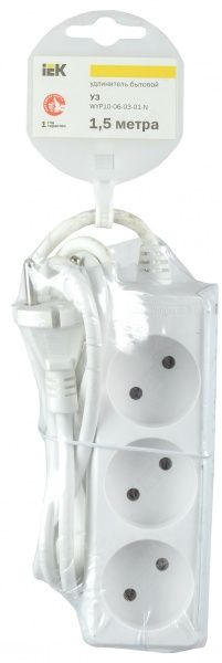 Подовжувач IEK без заземлення 3 гн. білий 1,5 м WYP10-06-03-01-N 