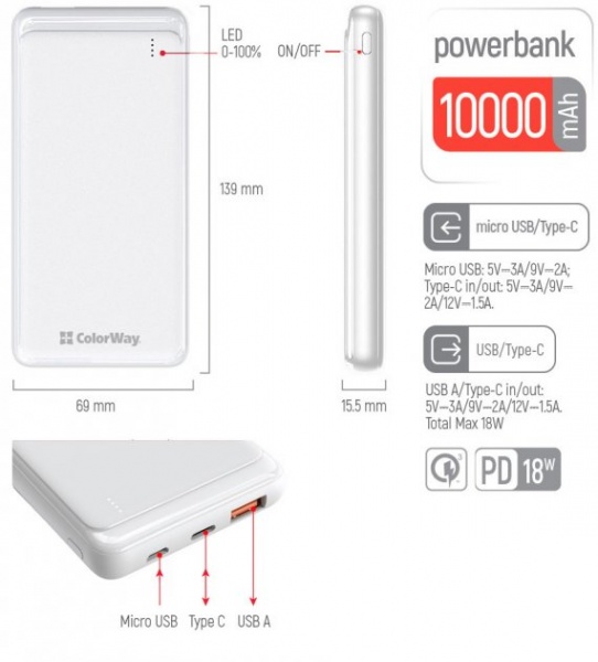 Внешний аккумулятор (Powerbank) ColorWay Slim USB QC3.0 + USB-C PD 18W 10000 mAh white (CW-PB100LPG3WT-PD) 