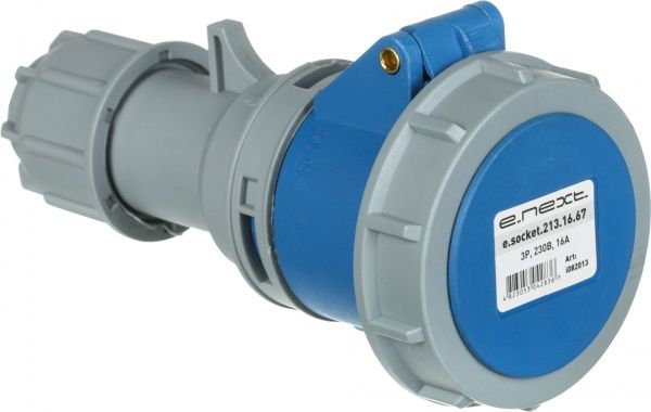 Розетка силовая переносная с заземлением E.NEXT e.socket.213.16.67, 3п., 230В, 16А , IP 67 серый с синим i082013