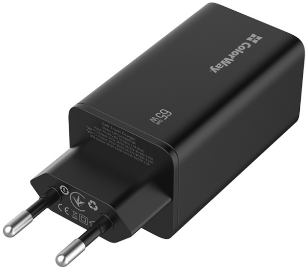 Зарядное устройство ColorWay GaN3 Pro Power Delivery (USB-A + 2 USB TYPE-C) (65W) black (CW-CHS039PD-BK) 