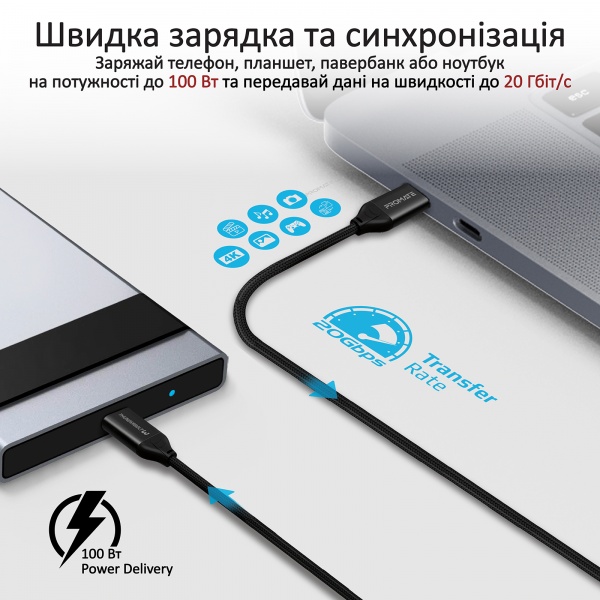Кабель Promate ThunderLink-C20+ USB Type-C/USB Type-C 100W PD 1,5 м чорний (thunderlink-c20+.black) 