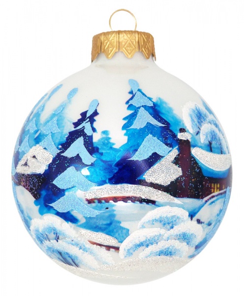 Шар стеклянный с пейзажным рисунком 80 мм белый перламутровый 80Dпз(3)/1