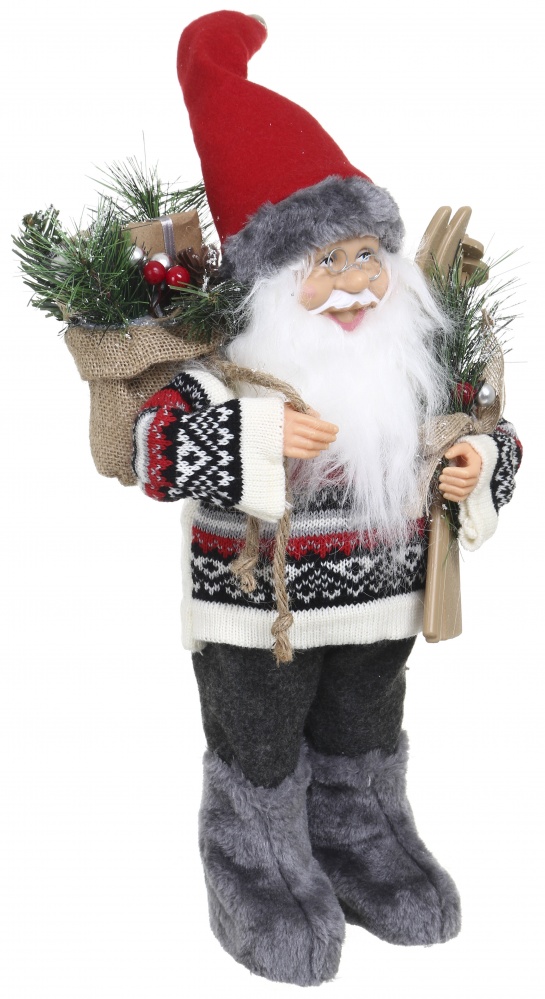 Декоративная новогодняя фигура Санта лесной в свитере серо-красный 40 см