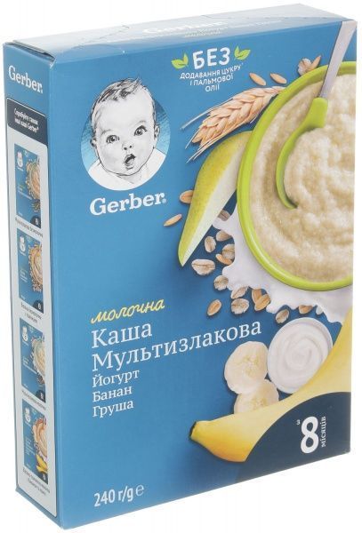 Каша молочная Gerber от 8 месяцев мультизлаковая с йогуртом, бананом и грушей 240 г 