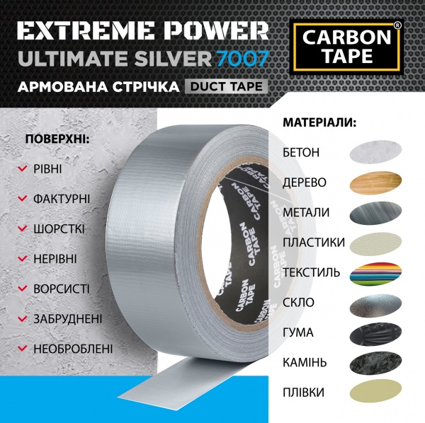 Армована стрічка CARBON TAPE Ultimate Silver 7007 Carbon Tape 48 мм 25 м сірий