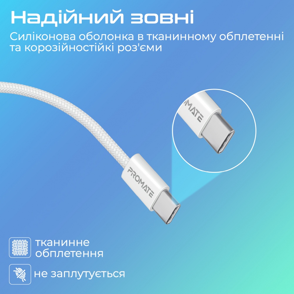 Кабель Promate USB-C to USB-C 60W Power Delivery 1,2 м white (ecoline-cc120.white)
