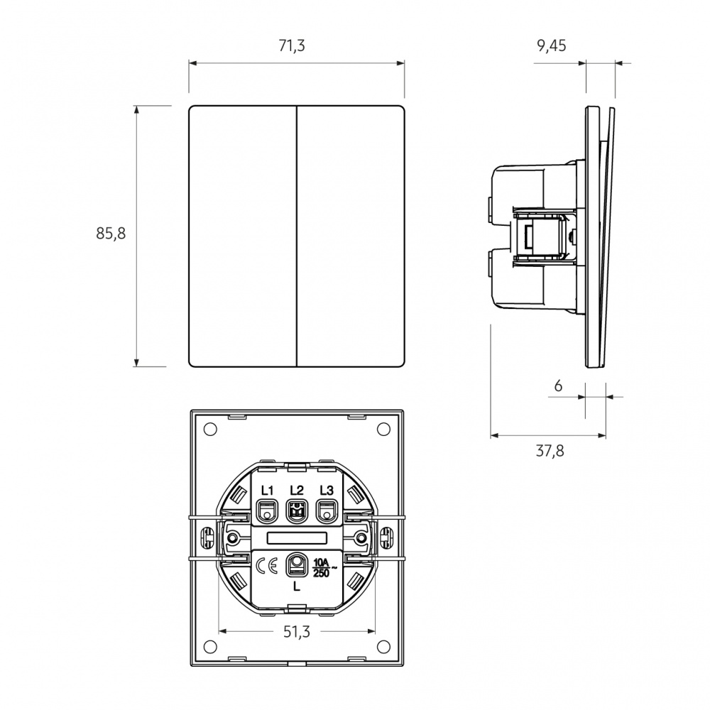 Вимикач прохідний двоклавішний HausMark INO без підсвітки білий WS-2G-GP-White