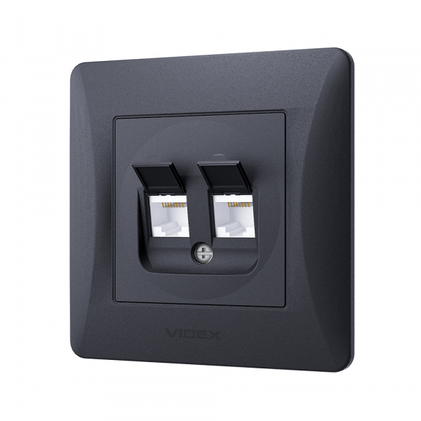 Розетка комп'ютерна + телефонна подвійна Videx Binera CAT6+CAT6 PC IP20 чорний графіт VF-BNSK2PC6-BG