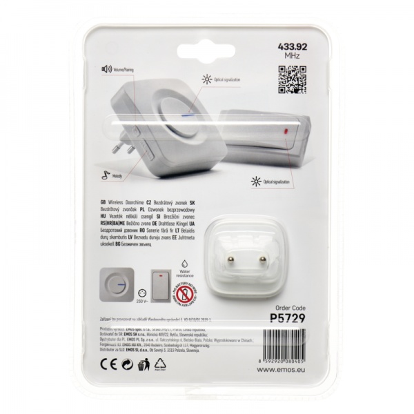 Звонок беспроводной в розетку Emos с кнопкой Battery-Free белый Р5729