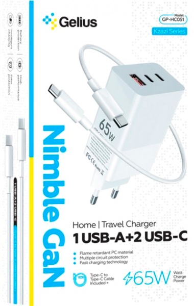 Сетевое зарядное устройство Gelius Nimble GaN 65W GP-HC051 White + Cable Type-C/Type-C 