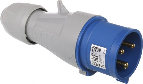 Вилка электрическая силовая с заземлением Legrand 32A 2К+З 230В IP44 серый с синим 555234