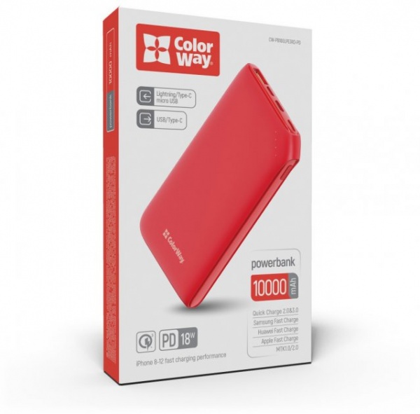 Внешний аккумулятор (Powerbank) ColorWay Soft touch Ligthning + USB QC3.0 + USB-C PD 18W 10000 mAh red (CW-PB100LPE3RD-PD) 