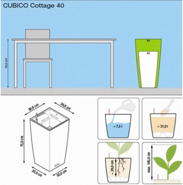 Вазон пластиковий Lechuza Cubico Cottage 40 квадратний 120л білий (15246) 