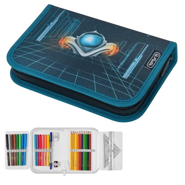 Пенал 31 предмет Space Car 50033003 Herlitz синий с рисунком