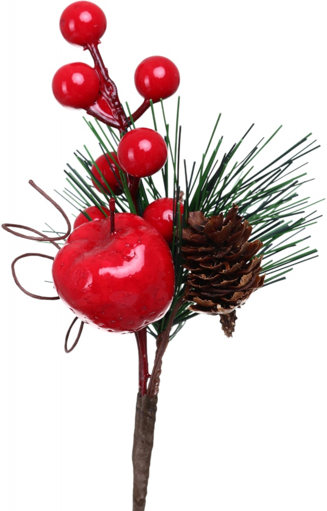 Гілочка декоративна пучечок червоних ягід з шишкою 17 см DYT24-227
