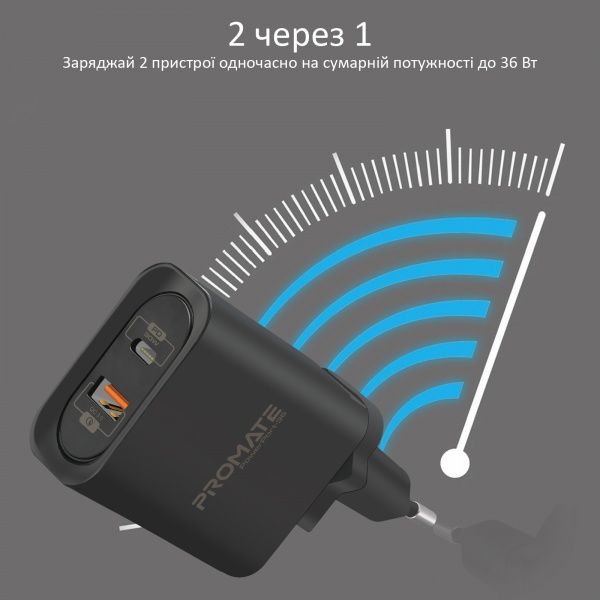 Зарядное устройство Promate PowerPort-36 36Вт Type-C PD + USB QC3.0 Black