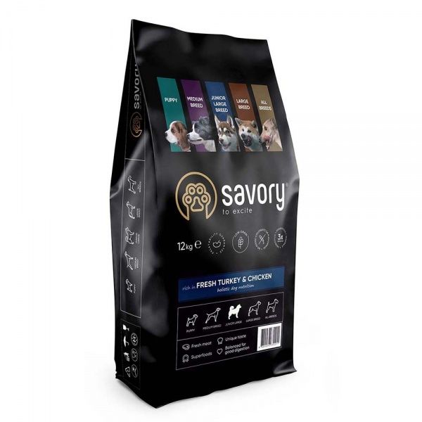 Корм Savory для щенков крупных пород с мясом индейки и курицы 12 кг