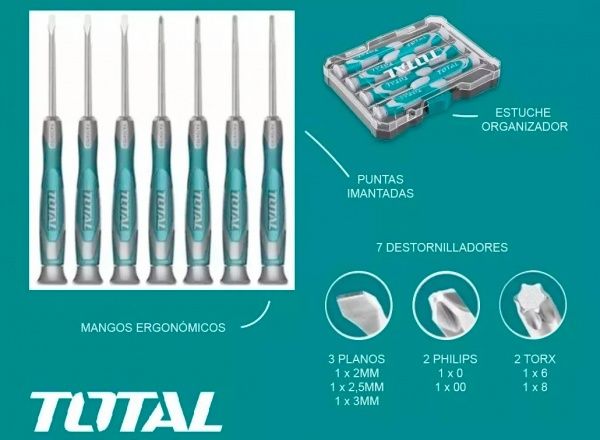 Набор отверток Total для точных работ 7 шт. SL 2.0 / 2.5 / 3.0 PH 00 / 0 T 6 / 8×50 мм THT250726