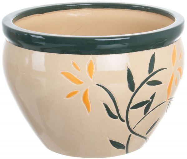 Горщик Viet Thanh Ceramic з блюдцем гілочка 30х21 см VT.10051-1 круглий бежевий із зеленим 