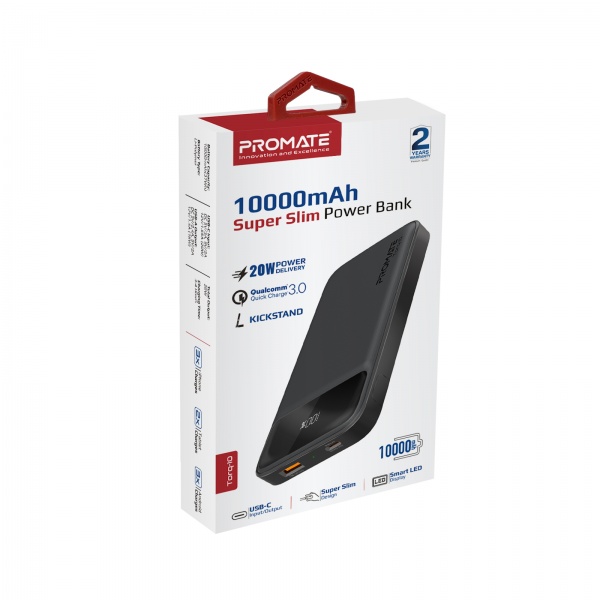 Універсальна мобільна батарея Promate 10000 mAh black (torq-10.black) Torq-10 10000 mAh, USB-C PD, USB-А QC3.0 