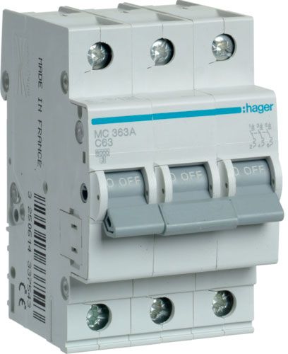 Автоматический выключатель Hager 3P 6kA C-63A 3M MC363A