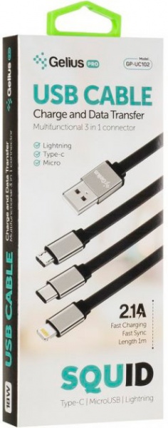 Кабель Gelius Pro Squid GP-UC102 3in1 (MicroUSB/Lightning/Type-C) 1,2 м черный 